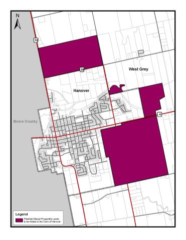 Map of the Town of Hanover with purple shading adjacent to Hanover boundary to show West Grey properties