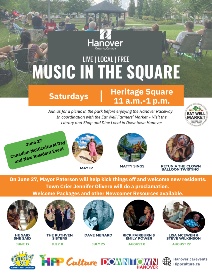 Outdoor “Music in the Square” event poster with live performances at Heritage Square in Hanover on Saturdays from 11 a.m. to 1 p.m.